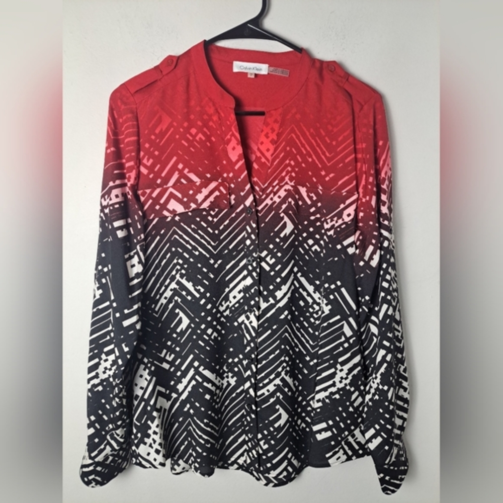 Calvin Klein Blouse Ombre Red Black Abstract Artsy Long Sleeve Button Down Sz S